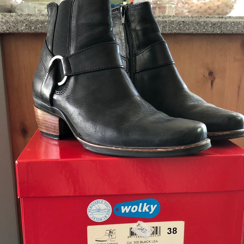 Wolky Black Leather Ankle Boots With Buckle Strap